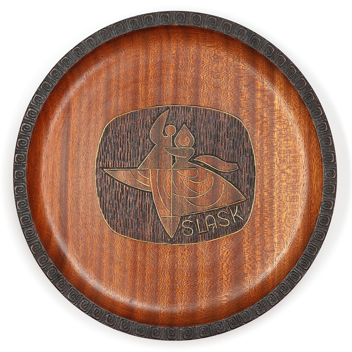 Ozdobny, inkrustowany talerz z drewna